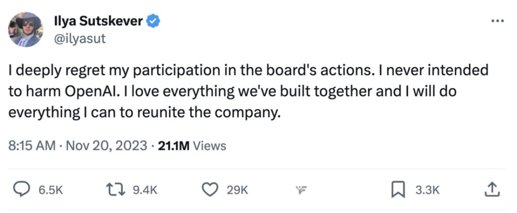 Ilya Sutskever tweets that he regrets the firing of Sam Altman, the former CEO of OpenAI. 